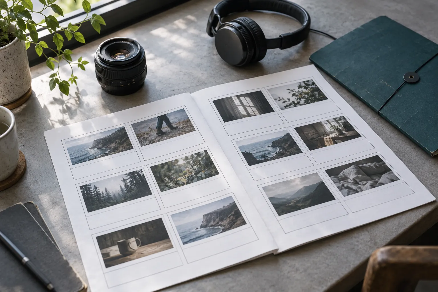 Course-production desk with storyboard sheets, a camera lens and headphones
