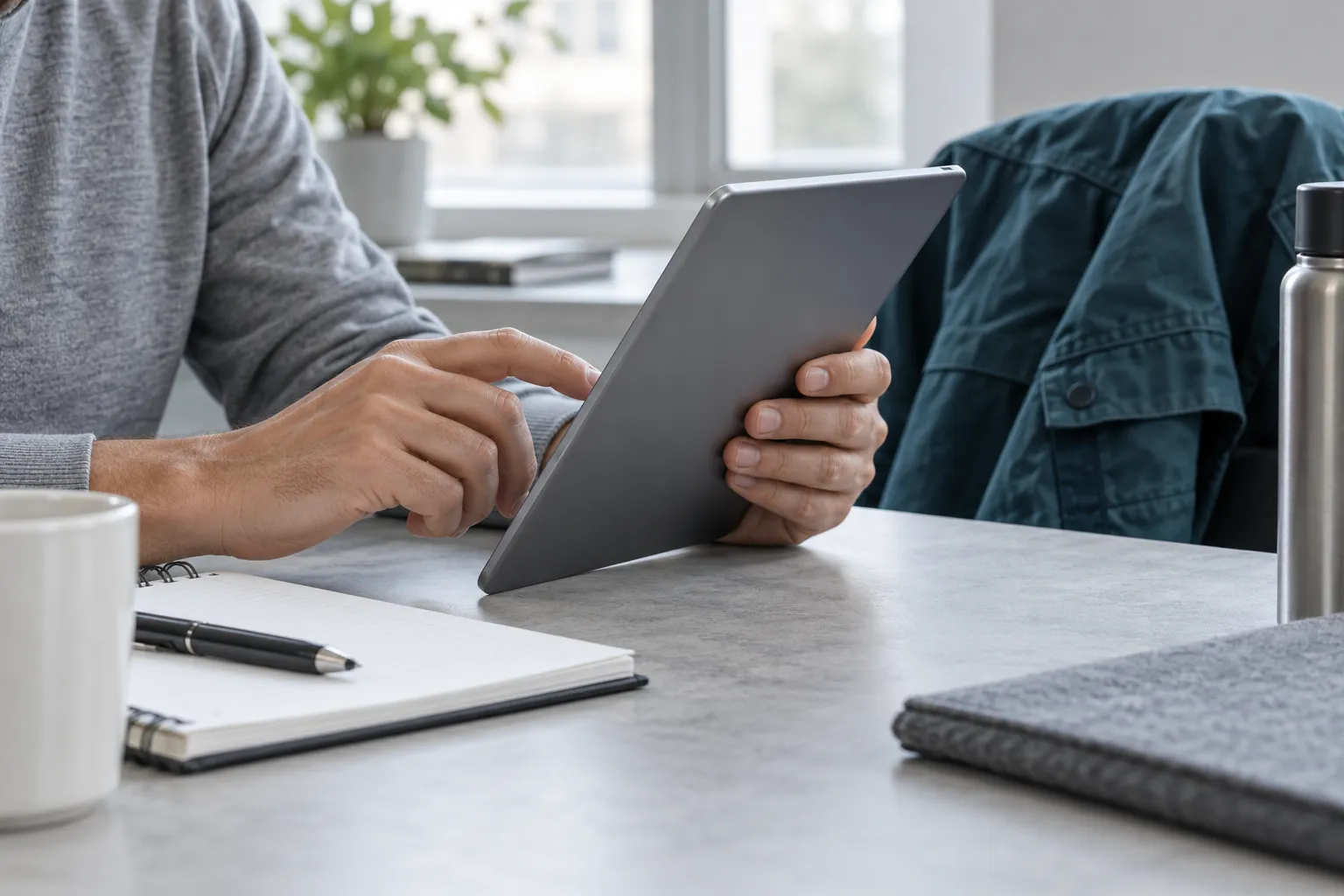 Learner reviewing a tablet beside a notebook at a workplace table