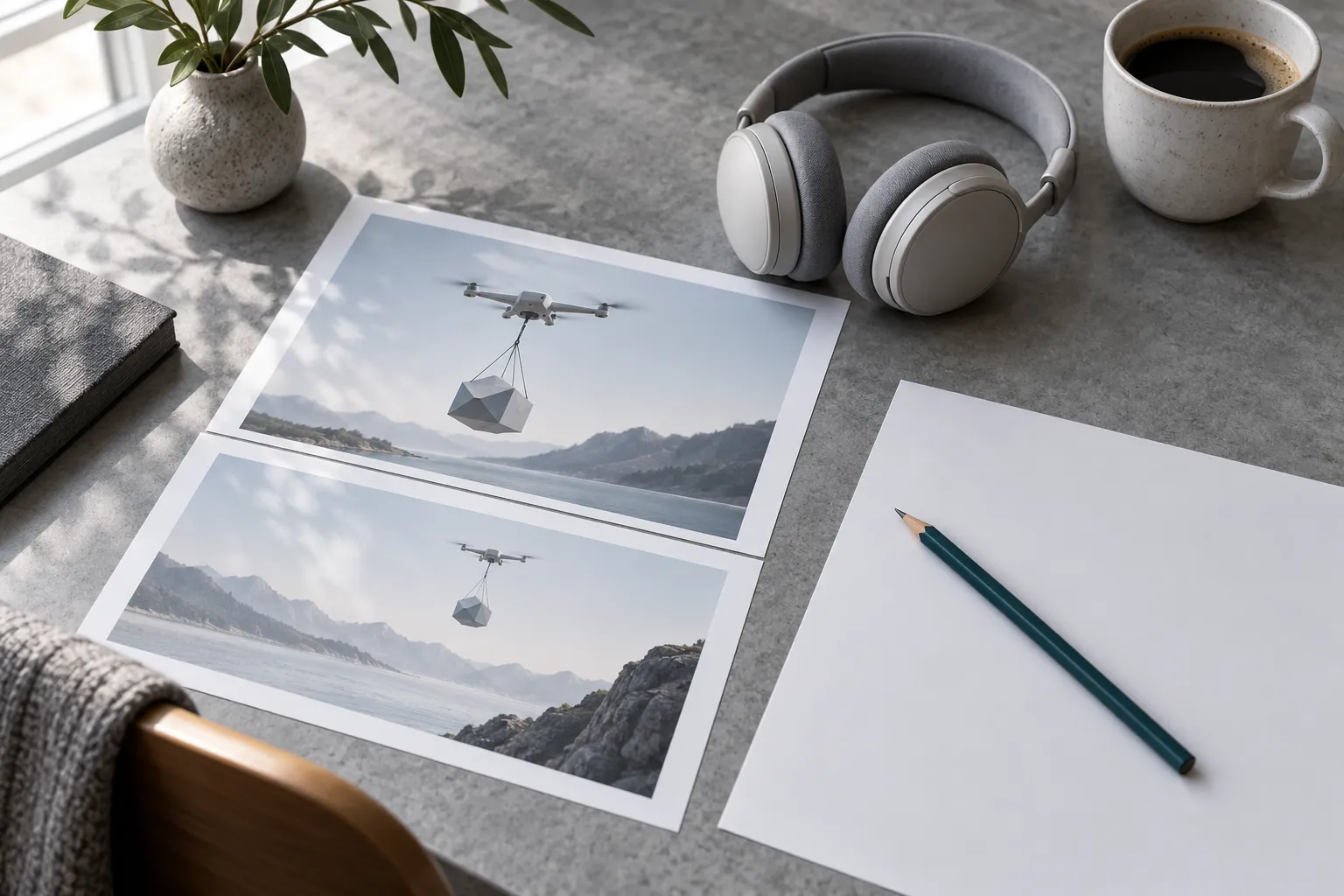 Storyboard review sheets, headphones and a pencil on a production desk